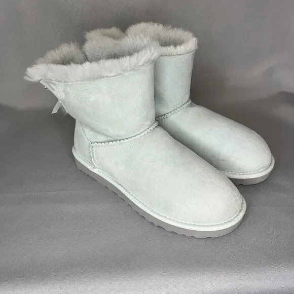 Womens Ugg Boots Sz 8 Ice Blue Bailey Bow Mini Suede Sherpa Coquette Festival - Picture 6 of 13